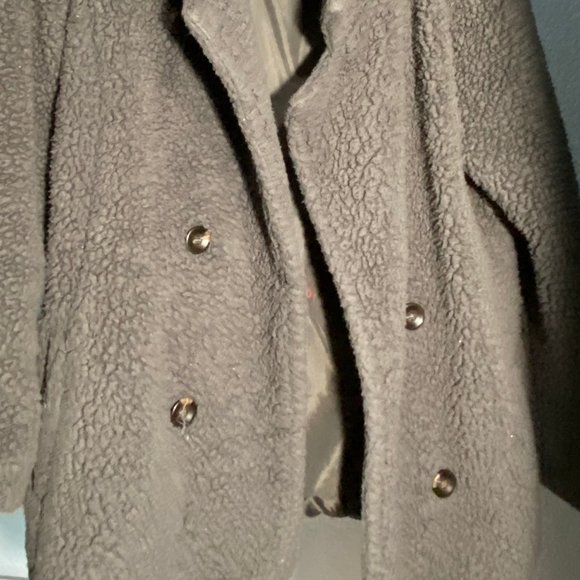 Fuzzy Gray Button up Fleece Jacket 29'' L Teddy Coat Pea Coat Style - Picture 3 of 3